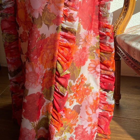 Vintage 1960s Small Floral Full Length Sheer Gown with Ruffle Detail - 60s Pink - Picture 4 of 11